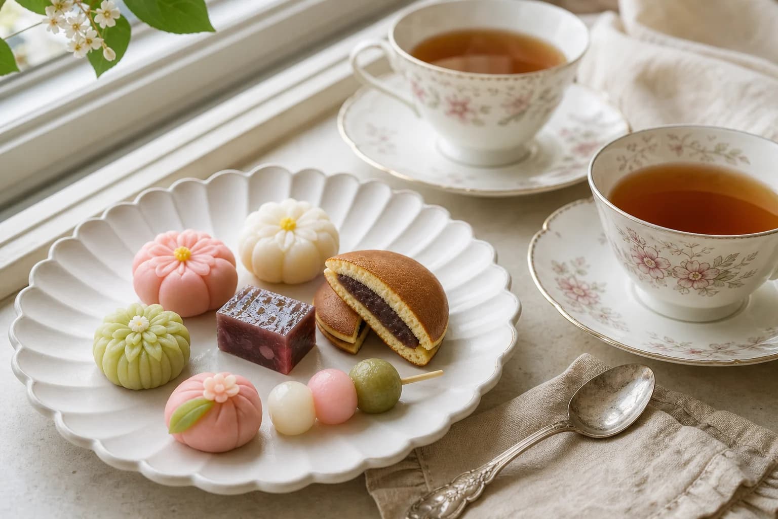 和菓子・どら焼き・お団子と、カップ&ソーサーのお茶